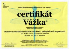 Česká alzheimerovská společnost, o.p.s., uděluje certifikát Vážka Domovu sociálních služeb Meziboří. Platnost 24 měsíců od 16.05.2022.
